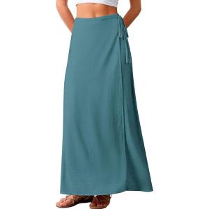 ELLEVEN Linen Wrap Maxi Skirt Elastic Back Waistband Flowy A Line Summer Casual Long Skirt(Peacock Blue)