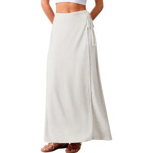 ELLEVEN Linen Wrap Maxi Skirt Elastic Back Waistband Flowy A Line Summer Casual Long Skirt(White)