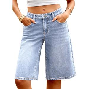 ELLEVEN Low Rise Baggy Denim Shorts Stretchy Bermuda Knee Length Long Shorts for Women Summer Streetwear Short Jeans(Light Blue Denim)