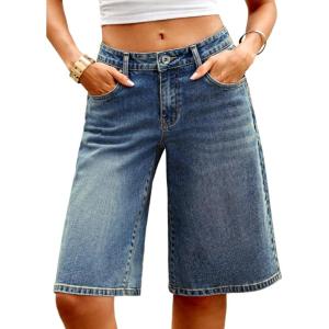 ELLEVEN Low Rise Baggy Denim Shorts Stretchy Bermuda Knee Length Long Shorts for Women Summer Streetwear Short Jeans(Vintage Blue Denim)