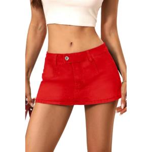 ELLEVEN Low Rise Denim Mini Skirt for Women, High Stretch Jean Skirt with Shorts Underneath Y2k Micro Skort(Red)