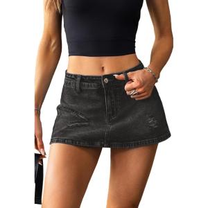 ELLEVEN Low Rise Ripped Denim Mini Skort for Women,High Stretch Jean Skirt with Shorts Underneath Micro Skort(Black Denim)