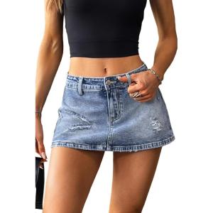 ELLEVEN Low Rise Ripped Denim Mini Skort for Women,High Stretch Jean Skirt with Shorts Underneath Micro Skort(Medium Wash)