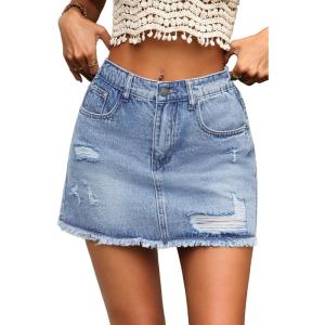 ELLEVEN Ripped Denim Mini Skort for Women,Y2k Raw Hem Jean Skort Skirts with Pockets(Denim Blue)