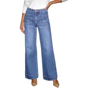 ELLEVEN Wide Leg Jeans for Women Trendy, Stretchy High Waisted Baggy Jeans Straight Leg Denim Pants with Patch Pockets(Blue Denim)