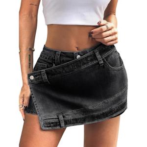 ELLEVEN Women Asymmetrical Denim Skort – Front Skirt Back Shorts Mini Y2K Streetwear Sexy Jean Skorts(Denim Black)