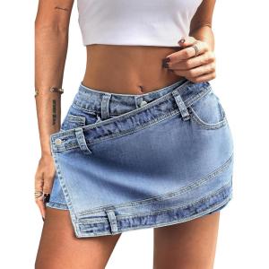 ELLEVEN Women Asymmetrical Denim Skort – Front Skirt Back Shorts Mini Y2K Streetwear Sexy Jean Skorts(Denim Blue)
