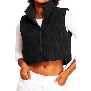 ELLEVEN Women’s Corduroy Cropped Puffer Vest with Pockets, High Stand Collar Outerwear Lightweight Warm Sleeveless Jacket(Black)
