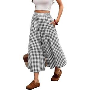 ELLEVEN Women’s Cotton Linen Gingham Pants, Elastic Waist Flowy Wide Leg Plaid Capris Palazzo Trousers(Black)