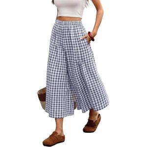 ELLEVEN Women’s Cotton Linen Gingham Pants, Elastic Waist Flowy Wide Leg Plaid Capris Palazzo Trousers(Navy Blue)