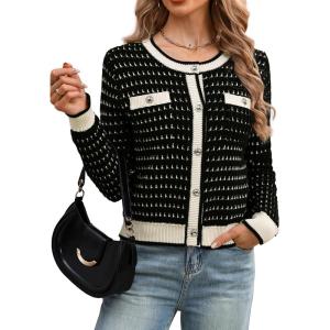 ELLEVEN Women’s Cropped Tweed Knit Cardigan Sweater,Trendy Open Front Button Up Long Sleeve Cardigans with Pockets(Black)