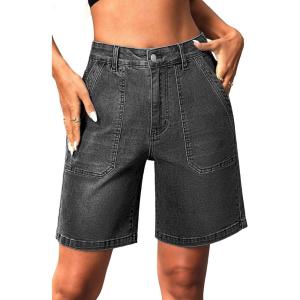 ELLEVEN Womens Denim Bermuda Shorts Elastic Waist, Stretchy Jean Trendy Summer Long Jorts with Big Pockets(Denim Black)