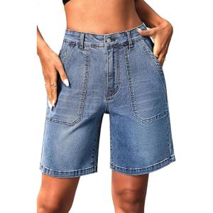 ELLEVEN Womens Denim Bermuda Shorts Elastic Waist, Stretchy Jean Trendy Summer Long Jorts with Big Pockets(Denim Blue)
