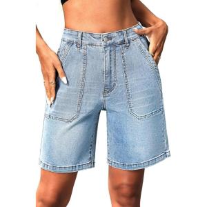 ELLEVEN Womens Denim Bermuda Shorts Elastic Waist, Stretchy Jean Trendy Summer Long Jorts with Big Pockets(Light Blue Denim)