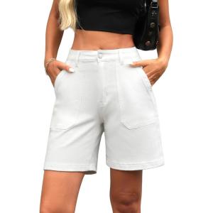 ELLEVEN Womens Denim Bermuda Shorts Elastic Waist, Stretchy Jean Trendy Summer Long Jorts with Big Pockets(White Denim)