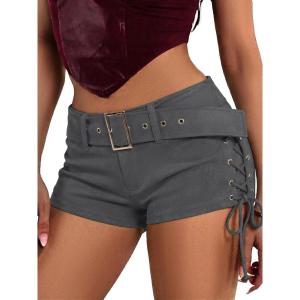 ELLEVEN Women’s Faux Leather Micro Shorts Lace Up Side Low Waist Buckle Belt Y2k Sexy Skinny Suede Mini Shorts(Dark Grey)