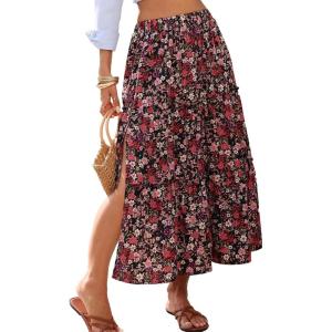 ELLEVEN Women’s Floral Maxi Skirt Boho Flowy High Waisted A-Line Tiered Ruffle Skirt with Side Slit(Black & Red)