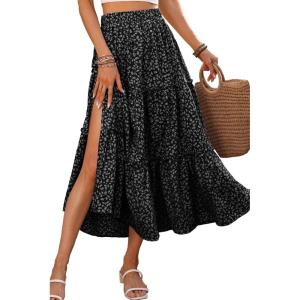ELLEVEN Women’s Floral Maxi Skirt Boho Flowy High Waisted A-Line Tiered Ruffle Skirt with Side Slit(Black & White)