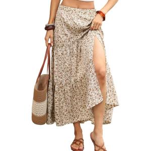 ELLEVEN Women’s Floral Maxi Skirt Boho Flowy High Waisted A-Line Tiered Ruffle Skirt with Side Slit(White & Khaki)
