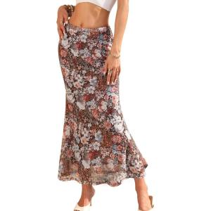 ELLEVEN Women’s Floral Mesh Maxi Skirt Boho Flowy Mermaid Bodycon Elastic High Waisted Long Skirts for Women(Coffee Floral)