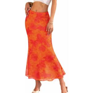 ELLEVEN Women’s Floral Mesh Maxi Skirt Boho Flowy Mermaid Bodycon Elastic High Waisted Long Skirts for Women(Orange Floral)
