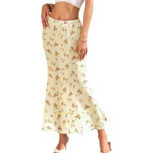 ELLEVEN Women’s Floral Mesh Maxi Skirt Boho Flowy Mermaid Bodycon Elastic High Waisted Long Skirts for Women(Yellow Floral)