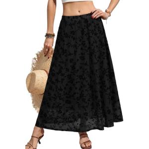 ELLEVEN Women’s Floral Mesh Maxi Skirt,Flowy Ruffle,Boho Elastic High Waisted Elegant Long Skirts for Women(Black)