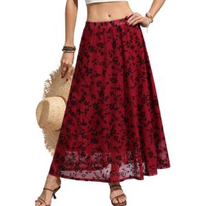 ELLEVEN Women’s Floral Mesh Maxi Skirt,Flowy Ruffle,Boho Elastic High Waisted Elegant Long Skirts for Women(Burgundy)