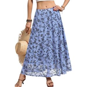 ELLEVEN Women’s Floral Mesh Maxi Skirt,Flowy Ruffle,Boho Elastic High Waisted Elegant Long Skirts for Women(Dusty Blue)