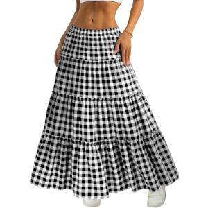 ELLEVEN Women’s Gingham Tiered Boho Maxi Skirt – A-Line Elastic Waist Flowy Plaid Skirt for Summer Vacation Outfits(Black and White Plaid)