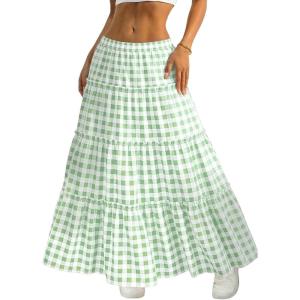 ELLEVEN Women’s Gingham Tiered Boho Maxi Skirt – A-Line Elastic Waist Flowy Plaid Skirt for Summer Vacation Outfits(Green Plaid)