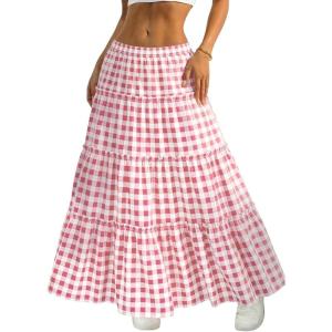 ELLEVEN Women’s Gingham Tiered Boho Maxi Skirt – A-Line Elastic Waist Flowy Plaid Skirt for Summer Vacation Outfits(Light Pink Plaid)