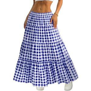 ELLEVEN Women’s Gingham Tiered Boho Maxi Skirt – A-Line Elastic Waist Flowy Plaid Skirt for Summer Vacation Outfits(Navy Blue Plaid)
