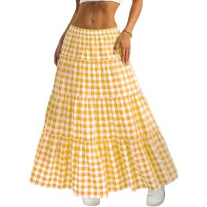 ELLEVEN Women’s Gingham Tiered Boho Maxi Skirt – A-Line Elastic Waist Flowy Plaid Skirt for Summer Vacation Outfits(Yellow Plaid)