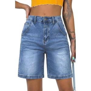ELLEVEN Women’s Jean Bermuda Shorts Baggy Jorts, High-Waisted Knee-Length Denim Shorts with Pockets(Medium Blue)