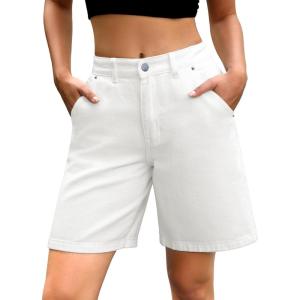 ELLEVEN Women’s Jean Bermuda Shorts Baggy Jorts, High-Waisted Knee-Length Denim Shorts with Pockets(White Denim)