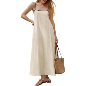 ELLEVEN Women’s Loose Summer Backless Maxi Dress – Adjustable Spaghetti Strap Sundress with Pockets for Vacation & Beach(Beige)