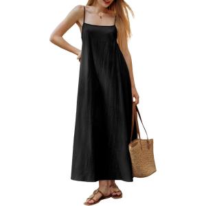 ELLEVEN Women’s Loose Summer Backless Maxi Dress – Adjustable Spaghetti Strap Sundress with Pockets for Vacation & Beach(Black)