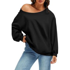 ELLEVEN Women’s Off Shoulder Sweatshirt, Casual Long Sleeve Pullover Tops with Pockets(Black)