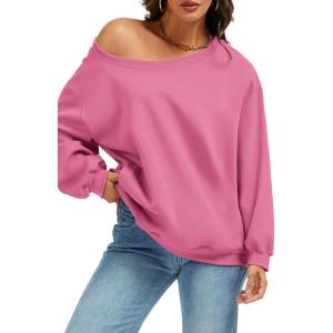 ELLEVEN Women’s Off Shoulder Sweatshirt, Casual Long Sleeve Pullover Tops with Pockets(Pink)