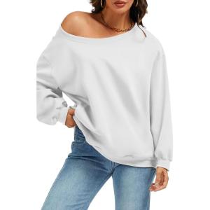 ELLEVEN Women’s Off Shoulder Sweatshirt, Casual Long Sleeve Pullover Tops with Pockets(White)