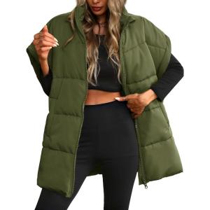 ELLEVEN Women’s Oversized Puffer Vest – Quilted Stand Collar Sleeveless Vest with Pockets(Army Green)