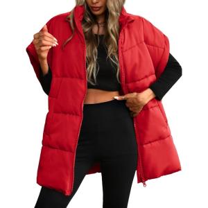 ELLEVEN Women’s Oversized Puffer Vest – Quilted Stand Collar Sleeveless Vest with Pockets(Red)