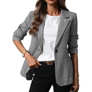 ELLEVEN Women’s Plaid Blazers with Embroidered Collar, Houndstooth Business Casual Work Office Jacket with Pockets(Black Houndstooth)