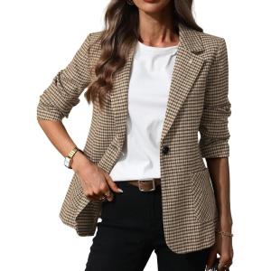 ELLEVEN Women’s Plaid Blazers with Embroidered Collar, Houndstooth Business Casual Work Office Jacket with Pockets(Brown Houndstooth)