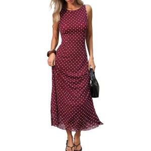 ELLEVEN Women’s Polka Dot Maxi Tank Dress, Sleeveless Boat Neck Bodycon Slim Fit Elegant Long Dress(Burgundy)