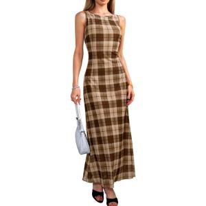 ELLEVEN Women’s Polka Dot Maxi Tank Dress, Sleeveless Boat Neck Bodycon Slim Fit Elegant Long Dress(Khaki Plaid)