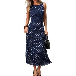 ELLEVEN Women’s Polka Dot Maxi Tank Dress, Sleeveless Boat Neck Bodycon Slim Fit Elegant Long Dress(Navy Blue)
