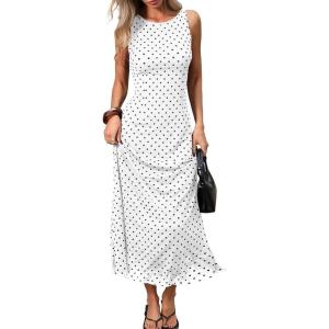 ELLEVEN Women’s Polka Dot Maxi Tank Dress, Sleeveless Boat Neck Bodycon Slim Fit Elegant Long Dress(White)
