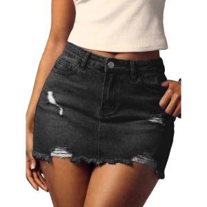 ELLEVEN Women’s Ripped Denim Mini Skirt, Y2K Frayed Raw Hem Bodycon Jean Skirt(Black Denim)